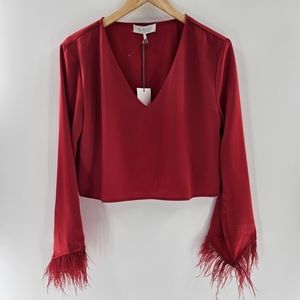 WAYF Red  Long Sleeved Feather-Trim Cropped Satin V-Neck Top Womens Size Small